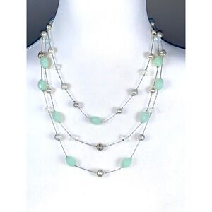 RMN Silver Green Beaded Crystal Multistrand Signed Roman & Sunstone Necklace